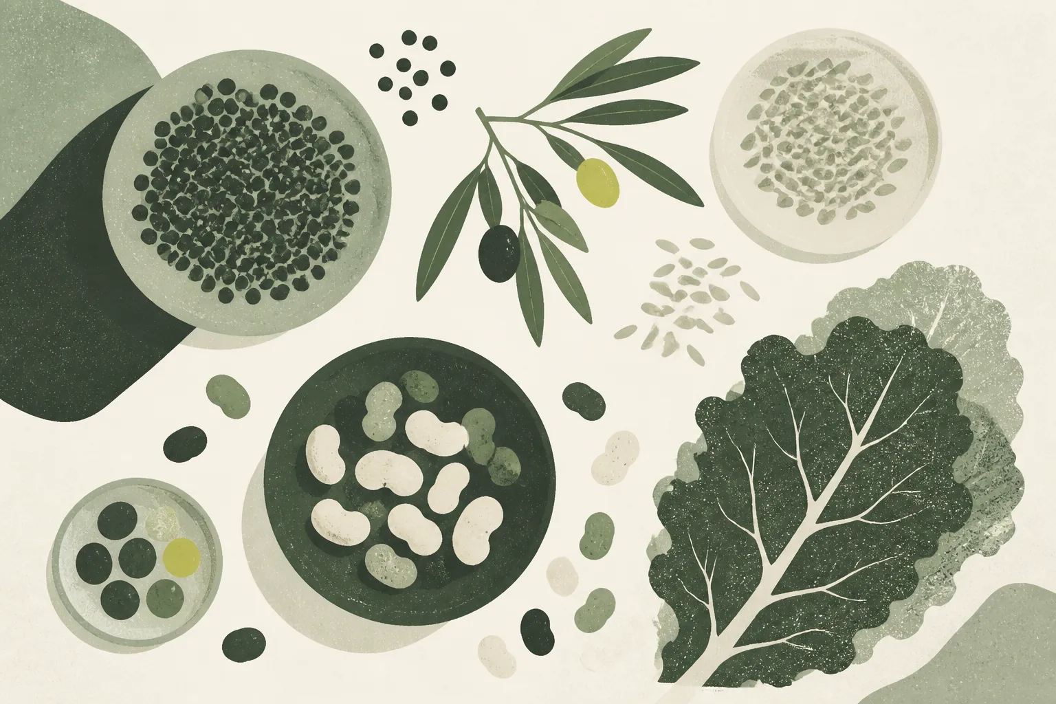 Abstract overhead arrangement of stylised bowls of beans and lentils, an olive branch, scattered grains, and a leafy green, in sage green and cream.