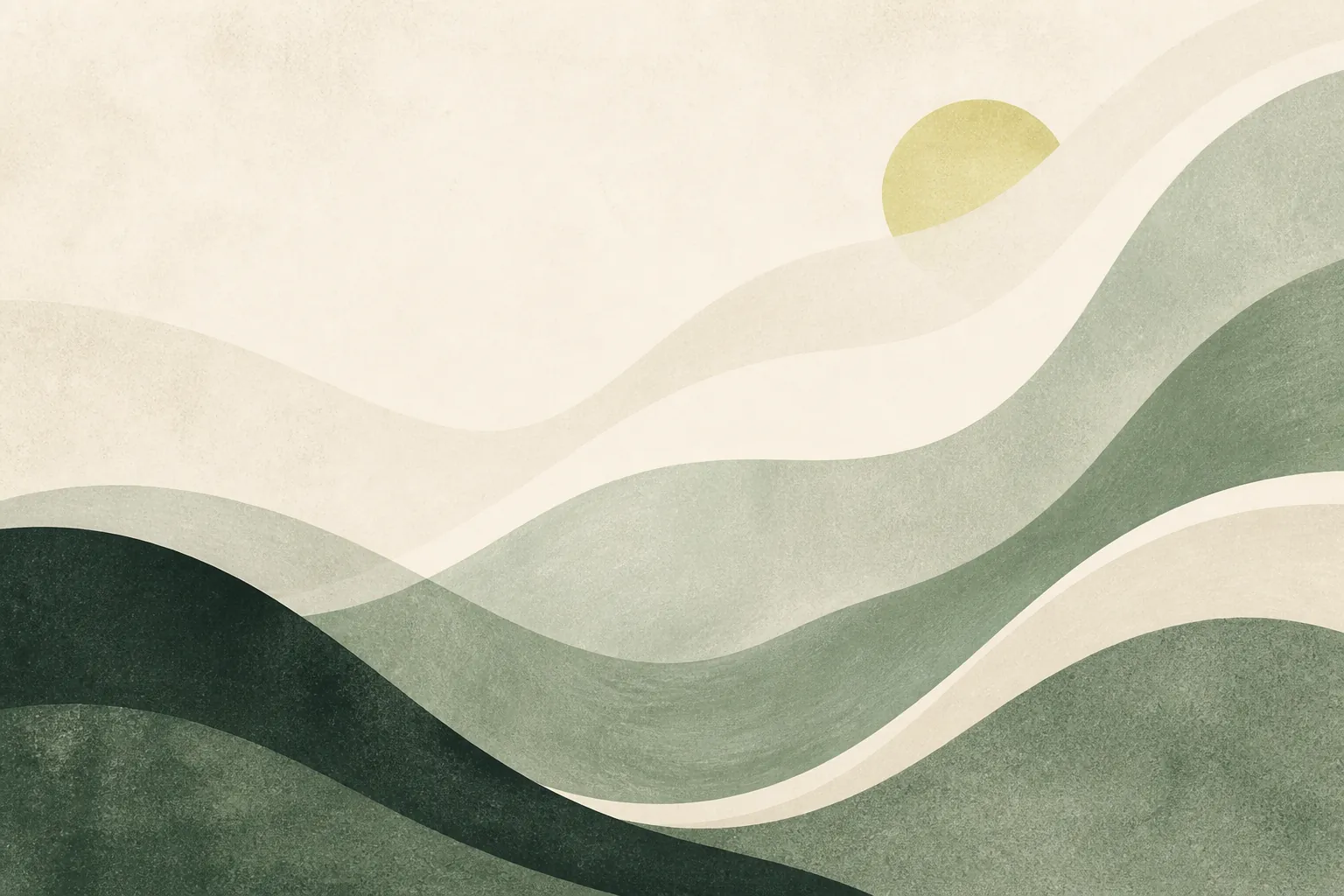 Abstract illustration of layered sage-green and cream curves rising toward a pale sun.